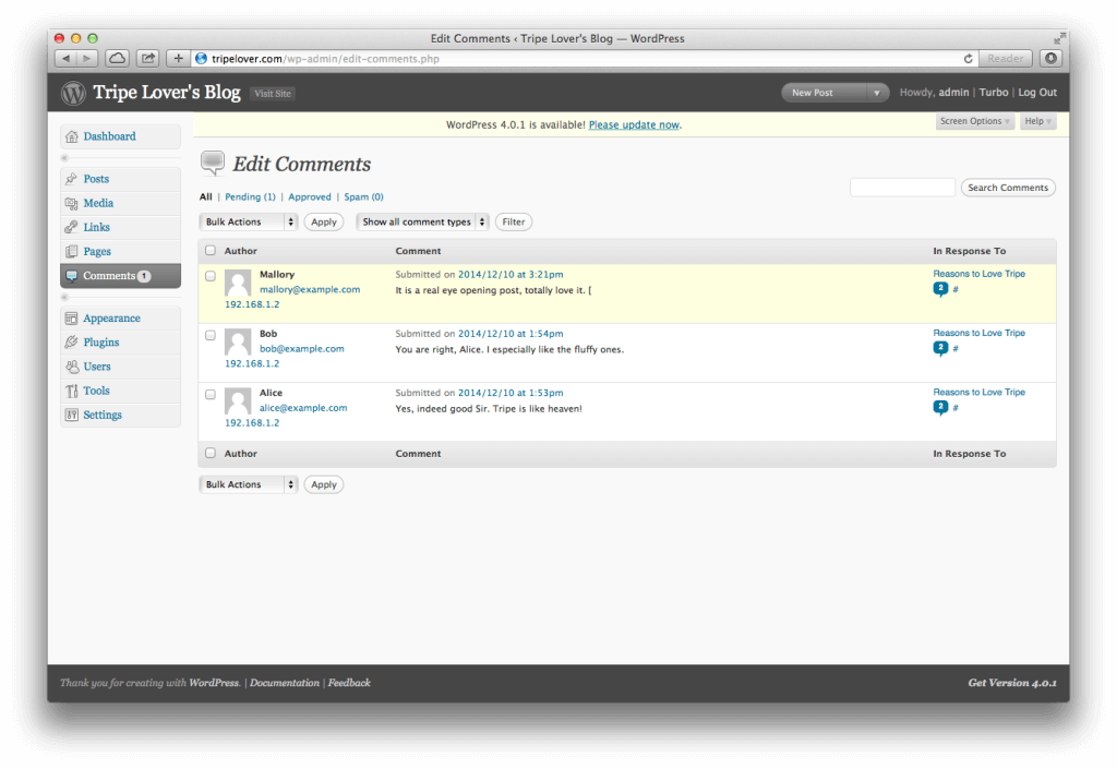 Edit Comments page with the malicious code